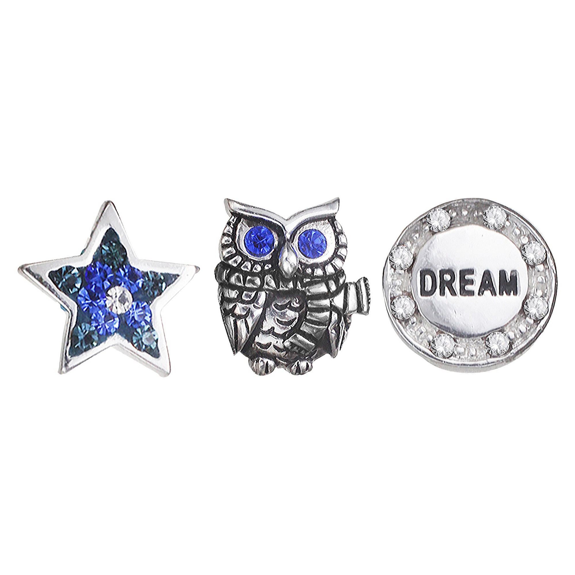 'Treasure Lockets 3 Silver Plated Charm Set with ''A Wise Owl'' Theme - Silver/Blue, Women's, Blue/Silver'