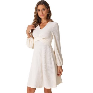 Allegra K Women's A-Line Long Sleeve Criss Cross Textured V Neck Dress - 1 of 4