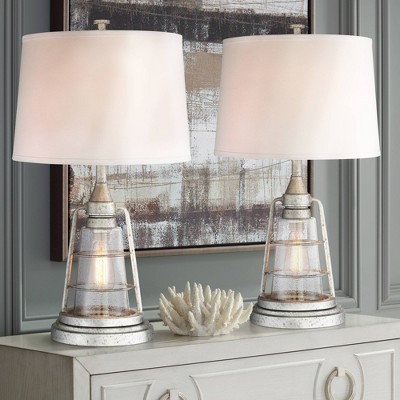 Silver Galvanized Metal Coastal Table Lamps with White Fabric Shade