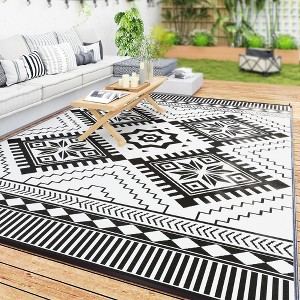 Outsunny Outdoor Patio Rug, Large Camping Carpet with Carrying Bag, 9' x 12' Waterproof Plastic Straw, Reversible, White & Black Toothed Rhombus - 1 of 4
