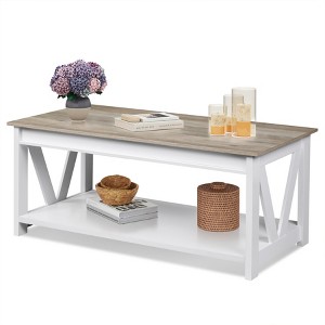 Coffee Table 43" with Storage Shelf and Sturdy V-Shaped Support, Farmhouse Wood Center Table for Living Room, Bedroom, Office, Balcony - 1 of 4