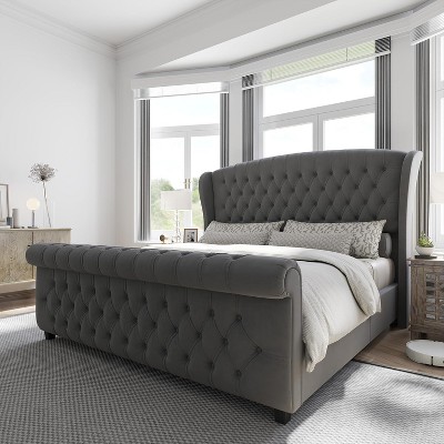 AMERLIFE Platform Bed Frame, Velvet Upholstered Bed with Deep Button Tufted