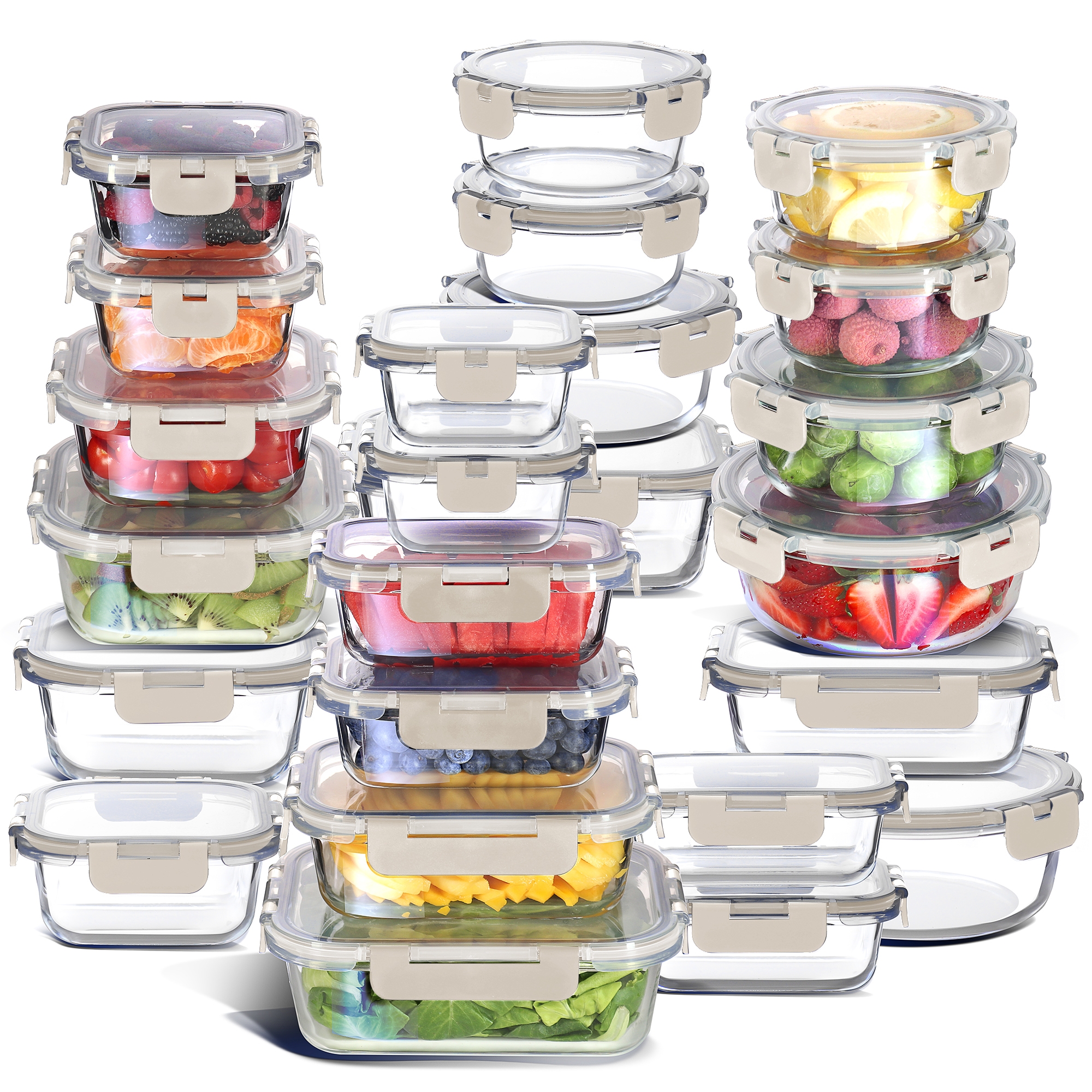 JoyTable 24-Pack Glass Food Storage Containers with Lids, Reusable Glass Food Containers with Leakproof Snap Lock Lids, Linen