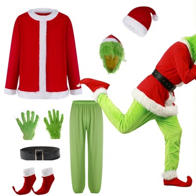 Itopfox Green Monster Adult Costume Christmas Costume Set, 7PCS Santa Claus Outfit with Mask