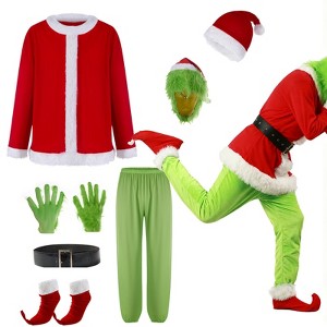 Itopfox Green Monster Adult Costume Christmas Costume Set, 7PCS Santa Claus Outfit with Mask - 1 of 4