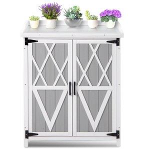 Potting Bench Outdoor Cabinet with Metal Tabletop, Workbenches with Adjustable Shelf, Wooden Storage Cabinets Waterproof for Garden Patio Lawn - 1 of 4