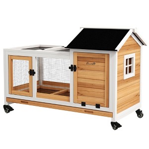 Skyzone Yellow Fir Wood Rabbit Hutch with Steel Run, Slide-out Tray, Wheels & Lockable Doors for - 1 of 4