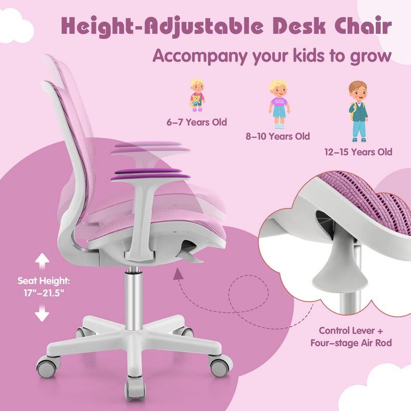 Costway Kids Desk Armchair Swivel Mesh Children Computer Chair with Adjustable Height Blue/Pink/Purple, 5 of 11
