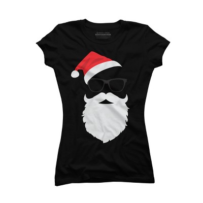 Junior's Design By Humans Hipster Santa Face with Hat beard & Glasses Christmas By TronicTees T-Shirt