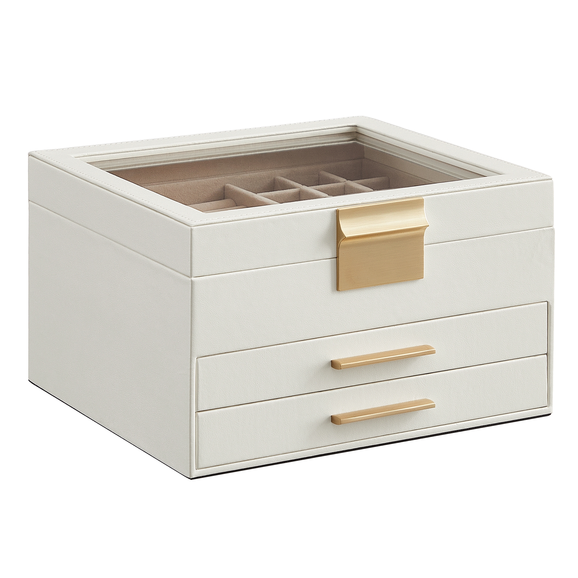 Glass Lid Jewelry Box with Glass Jewelry Organizer Case for Rings Necklaces Earrings Cloud White and Gold, for women gift