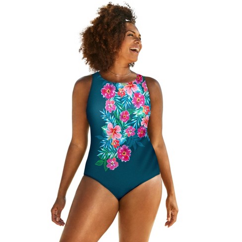 Swimsuits for All Women's Plus Size Chlorine Resistant High Neck Tummy  Control One Piece Swimsuit, 14 - Mediterranean Hibiscus