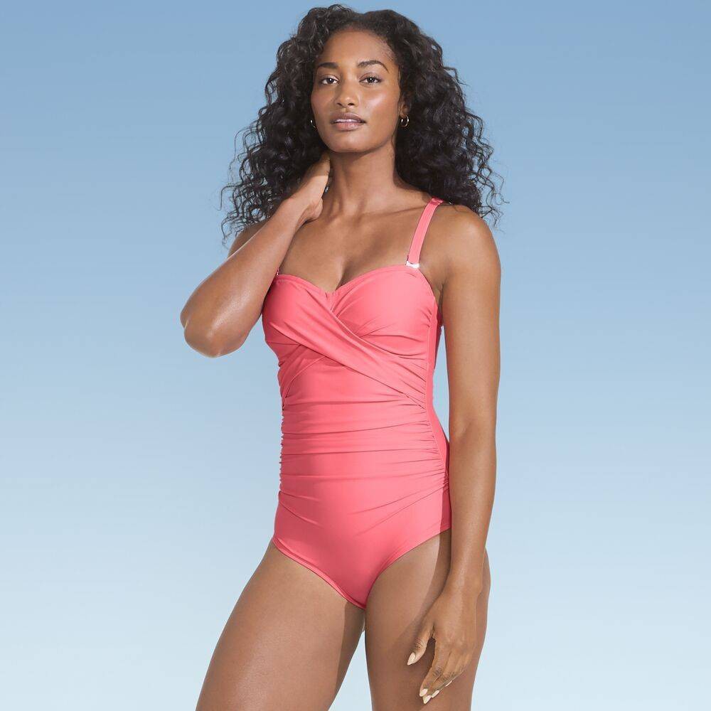 Photos - Swimwear Lands End Lands' End Women's Bandeau Front Wrap One Piece Swimsuit - Coral XL 