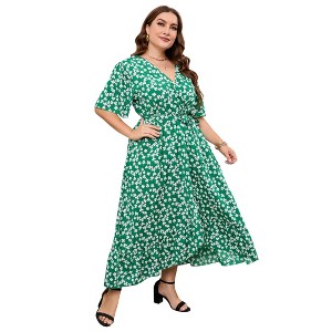 Clearlove Women's Spring and Summer Plus Size Floral V Neck Short Sleeve A Line Long Dress - 1 of 4