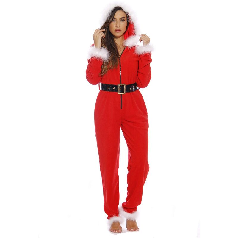 Just Love Womens One Piece Santa Baby Christmas Adult Onesie Hooded Xmas Pajamas, 1 of 4