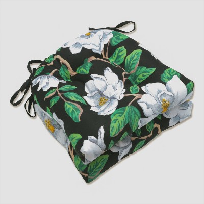 Set of 2 Magnolia Outdoor/Indoor Deluxe Tufted Chair Pads Black - Pillow Perfect: Weather-Resistant Patio Furniture Cushions with Ties