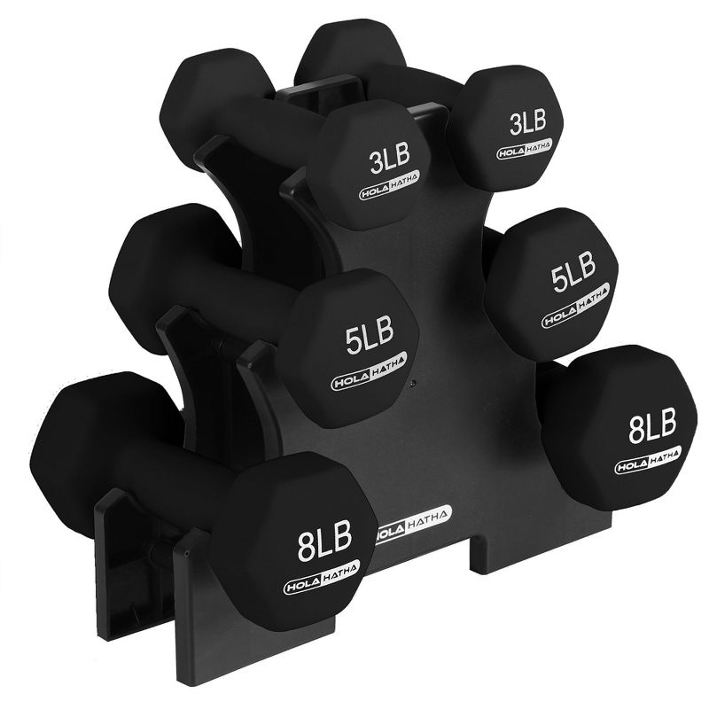 HolaHatha Hex Dumbbell Set with 3lbs., 5lbs. and 8lbs. Hand Weights and Storage Rack, 1 of 8