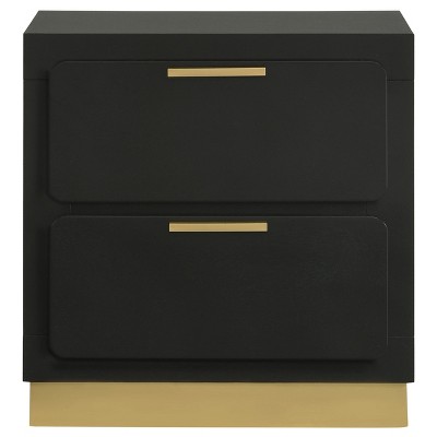 Vynxaria Modern Luxury 2-Drawer Bedroom Nightstand, Black & Gold Finish, Rounded Front Edges, Linear Drawer Handles, Wooden Furniture