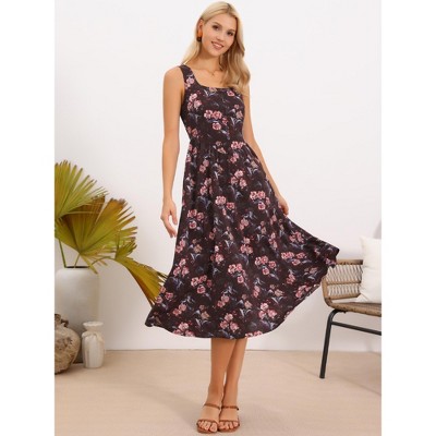 Женские платья INSPIRE CHIC Women's Summer Floral Midi Sleeveless Square Neck Flowy Sundress with Pockets Small Brown Red Floral — фото 4