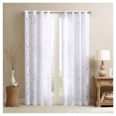 White Sheer Bird Pattern Grommet Top Window Curtain