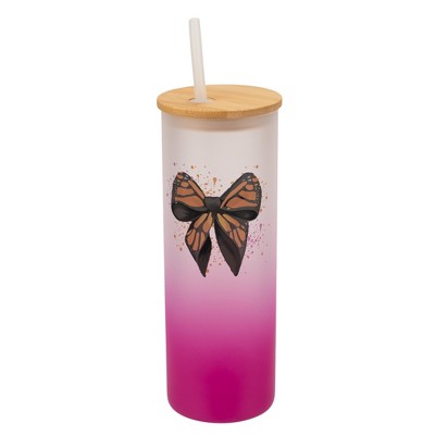 Elanze Designs 25 Ounce Frosted Glass Gradient Travel Tumbler With Straw and Wooden Lid, Orange Monarch Bow Pink