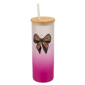 Elanze Designs 25 Ounce Frosted Glass Gradient Travel Tumbler With Straw and Wooden Lid, Orange Monarch Bow Pink - 1 of 1