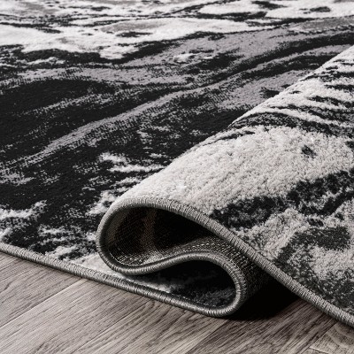 Ivory and Black Abstract Marbled Runner Rug