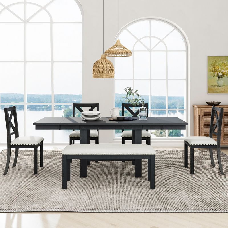 Farmhouse 6-Piece Expandable Dining Table Set with 4 Upholstered Chairs and 1 Bench - ModernLuxe, 1 of 14