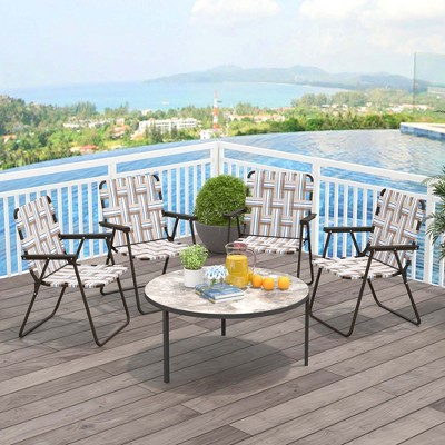 Set of 4 Black and Brown Folding Outdoor Chairs with Arms