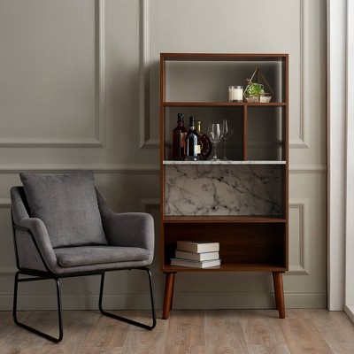 Kingston Mid-Century Modern White Walnut Bookcase with Faux Marble Top