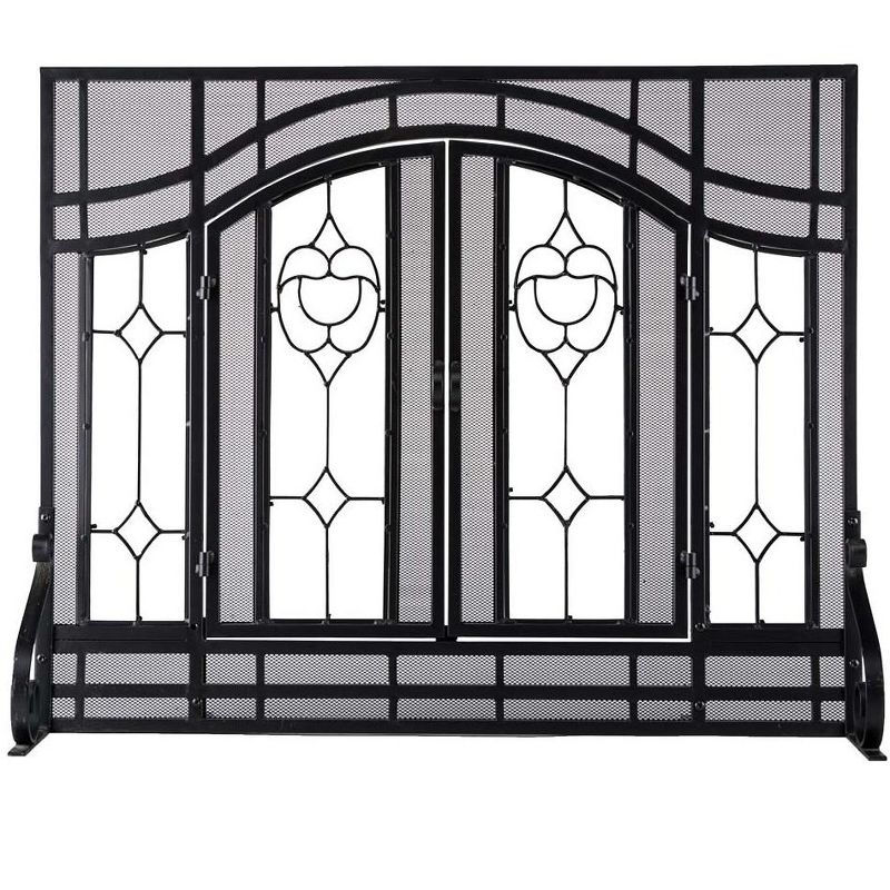 Plow & Hearth - 2-Door Floral Fireplace Fire Screen with Beveled Glass Panels, Black, 2 of 7