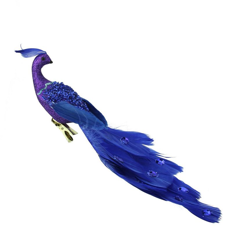 NORTHLIGHT 10" Faux Jeweled Peacock Bird Clip-On Christmas Ornament - Purple /Royal Blue, 1 of 2