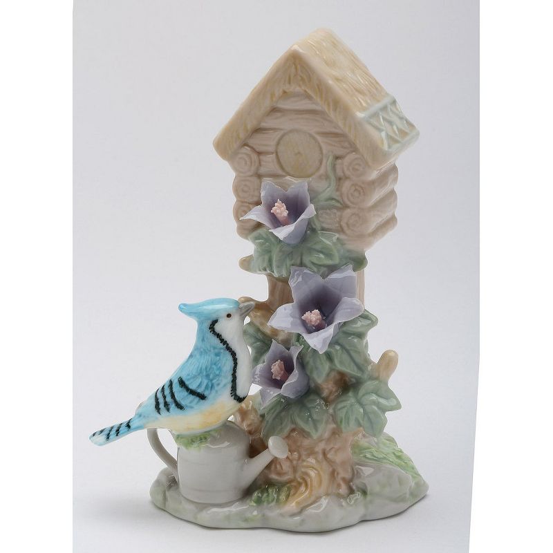 Kevins Gift Shoppe Ceramic Blue Jay Bird near Birdhouse with Flowers Figurine, 1 of 4