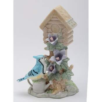 Kevins Gift Shoppe Ceramic Blue Jay Bird near Birdhouse with Flowers Figurine