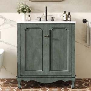 NicBex Bathroom Vanity with Sink –Rectangle Ceramic Basin, Tip-Out Tray, Rubber Wood Legs & Floral Patterns, Vintage Bathroom Vanity Cabinet - 1 of 4