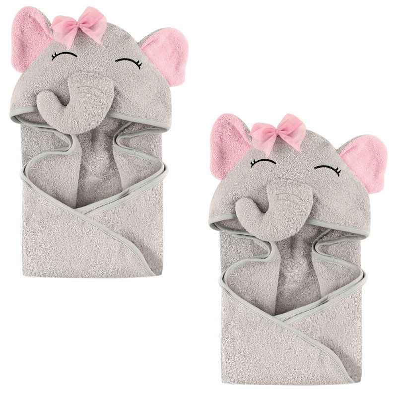 Hudson Baby Infant Girl Cotton Animal Face Hooded Towel, Pretty Elephant 2-Piece, One Size, 1 of 2