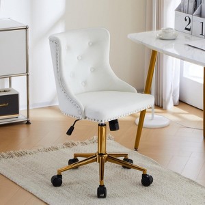 VINGLI Armless Home Office Desk Chair with Gold Base/Wheels,Cute Vanity Chair for Bedroom, Adjustable Rolling Swivel Nail Chair,Velvet White - 1 of 4