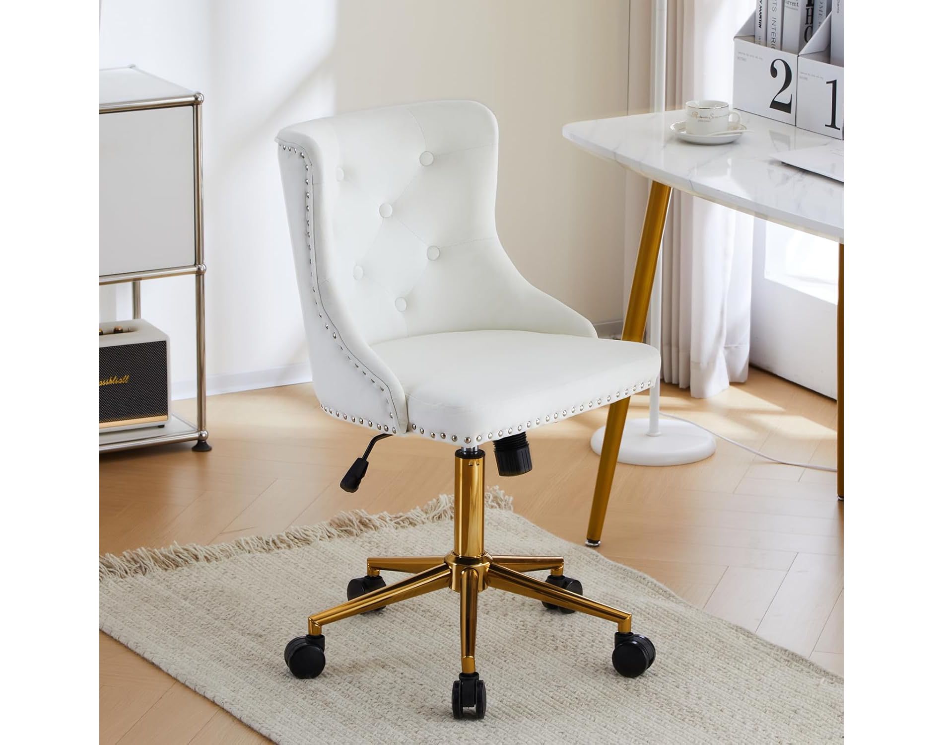 VINGLI Armless Home Office Desk Chair with Gold Base/Wheels,Cute Vanity Chair for Bedroom, Adjustable Rolling Swivel Nail Chair,Velvet White
