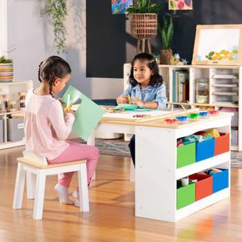 Guidecraft Arts and Crafts Center: Kids' Wooden Activity Table and Art Station with Storage, Stools, Bins, Paper Roll and Paint Cups