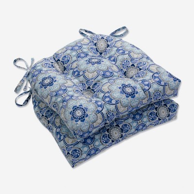 Set of 2 Outdoor/Indoor Deluxe Tufted Chair Pads Keyzu Medallion Mariner Blue - Pillow Perfect