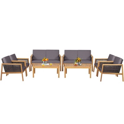 Tangkula 8PCS Patio Conversation Acacia Wood Furniture Set PE Rattan Conversation Set w/ Grey Cushions