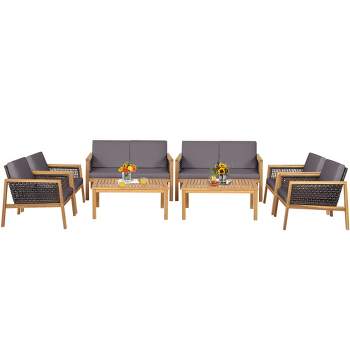 Tangkula 8PCS Patio Conversation Acacia Wood Furniture Set PE Rattan Conversation Set w/ Grey Cushions
