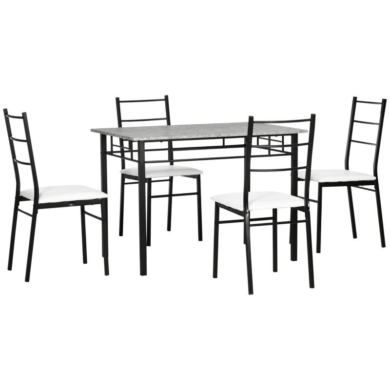 HOMCOM Kitchen Table and Chairs for 4, Modern Dining Table Set with Padded Sponge Cushion Chairs and Marble Textures Dining Table, Light gray, Black, 1 of 7