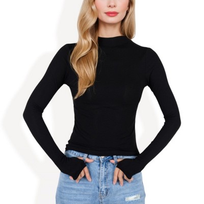Anna-Kaci Women's Long Sleeve Fitted Mock Neck Top with Stretch Fabric