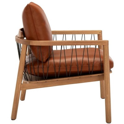 Caramel Brown Mid-Century Leather and Oak Armchair