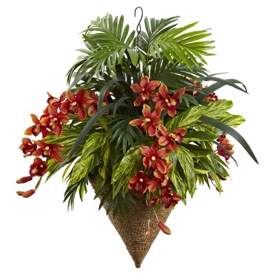 Mixed Tropical & Cymbidium Hanging Basket Red - Nearly Natural