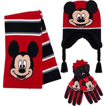 Disney Mickey Mouse 3 Piece Beanie, Ski Gloves/Mittens & Scarf Set, Boys Age 2-7