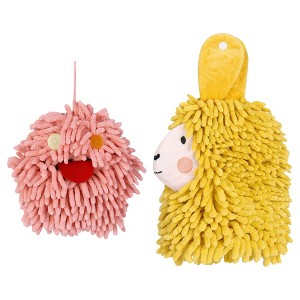 REGALWOVEN 2 Packs Cute Cartoon Alpaca Fuzzy Ball Hand Drying Hanging Ball Towels for Bathroom 7" x 7"/7" x 11" - 1 of 4