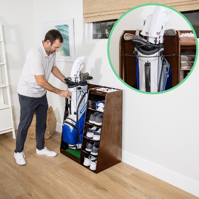 Premium Brown Wooden Freestanding Golf Bag Organizer and Storage Rack