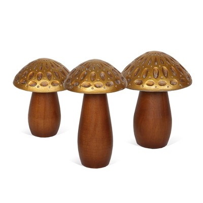 HomeRoots Set of Three Brown And Gold Wood Mushroom Tabletop Sculptures