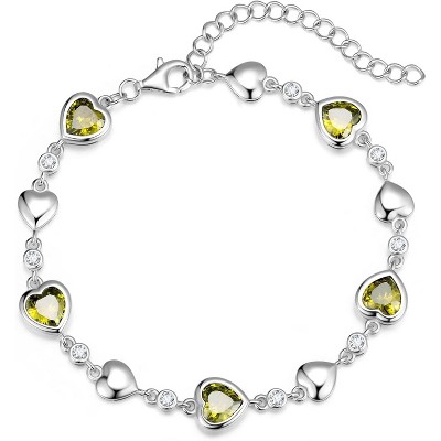 Five Heart Birthstone Tennis Bracelet, 925 Sterling Silver with Adjustable Extender, Anniversary Birthday Gift for Wife